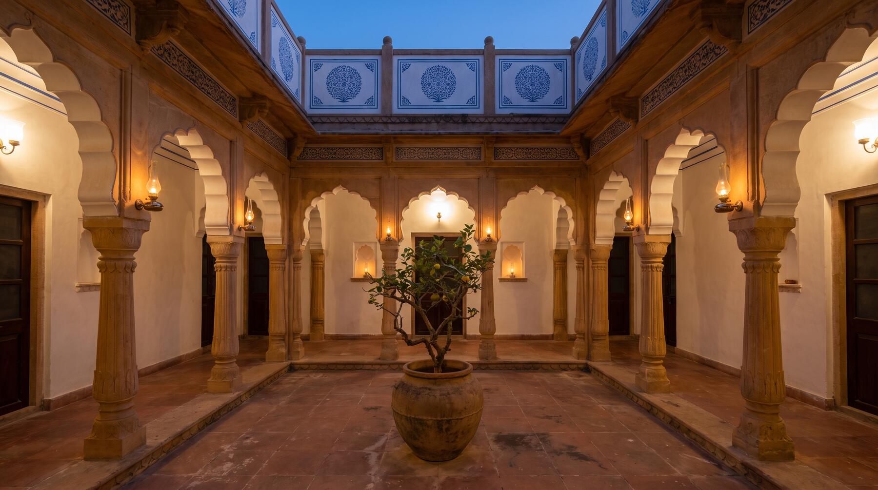 The courtyard of Kothi Ninety at dusk
