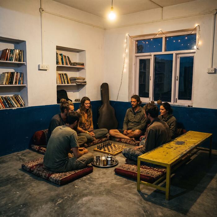 The common room in the evening, people on floor cushions and a chess board