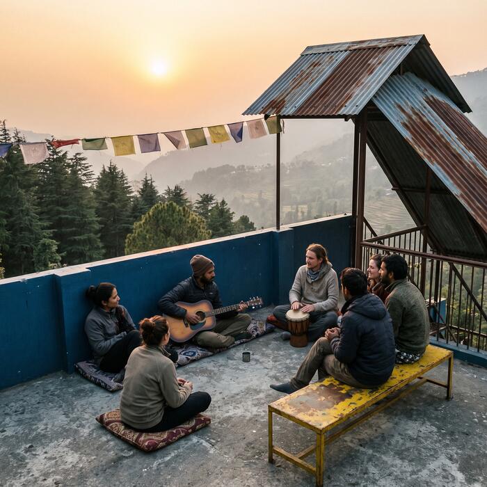 A guitar and a drum on the rooftop in the late afternoon, half a dozen people sitting around