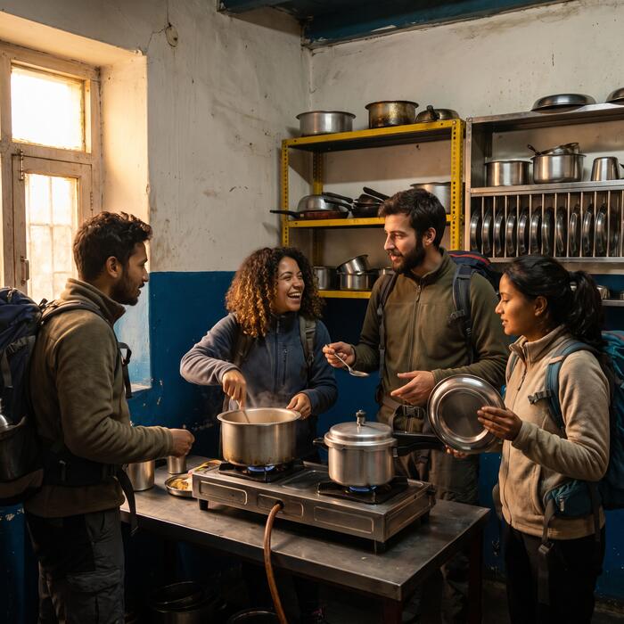 Four guests cooking together in the shared kitchen at Charpai