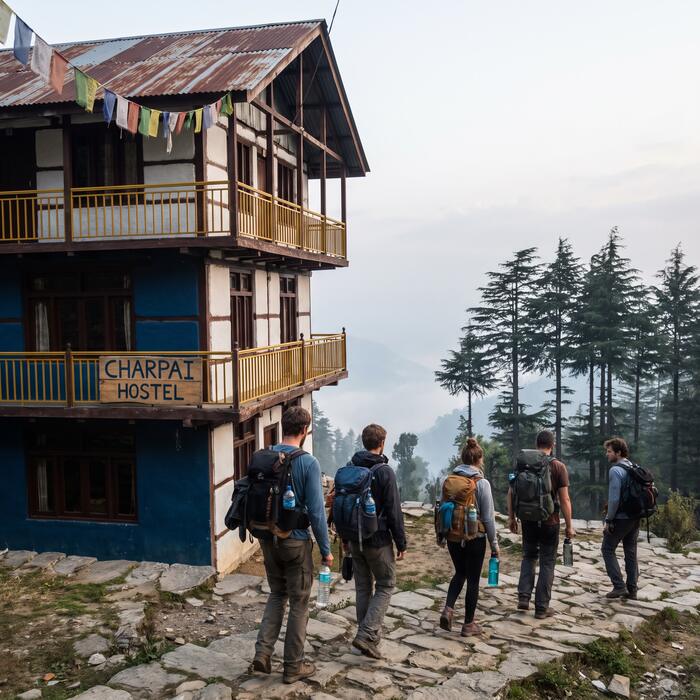 Guests setting off up the path towards Triund in early morning light