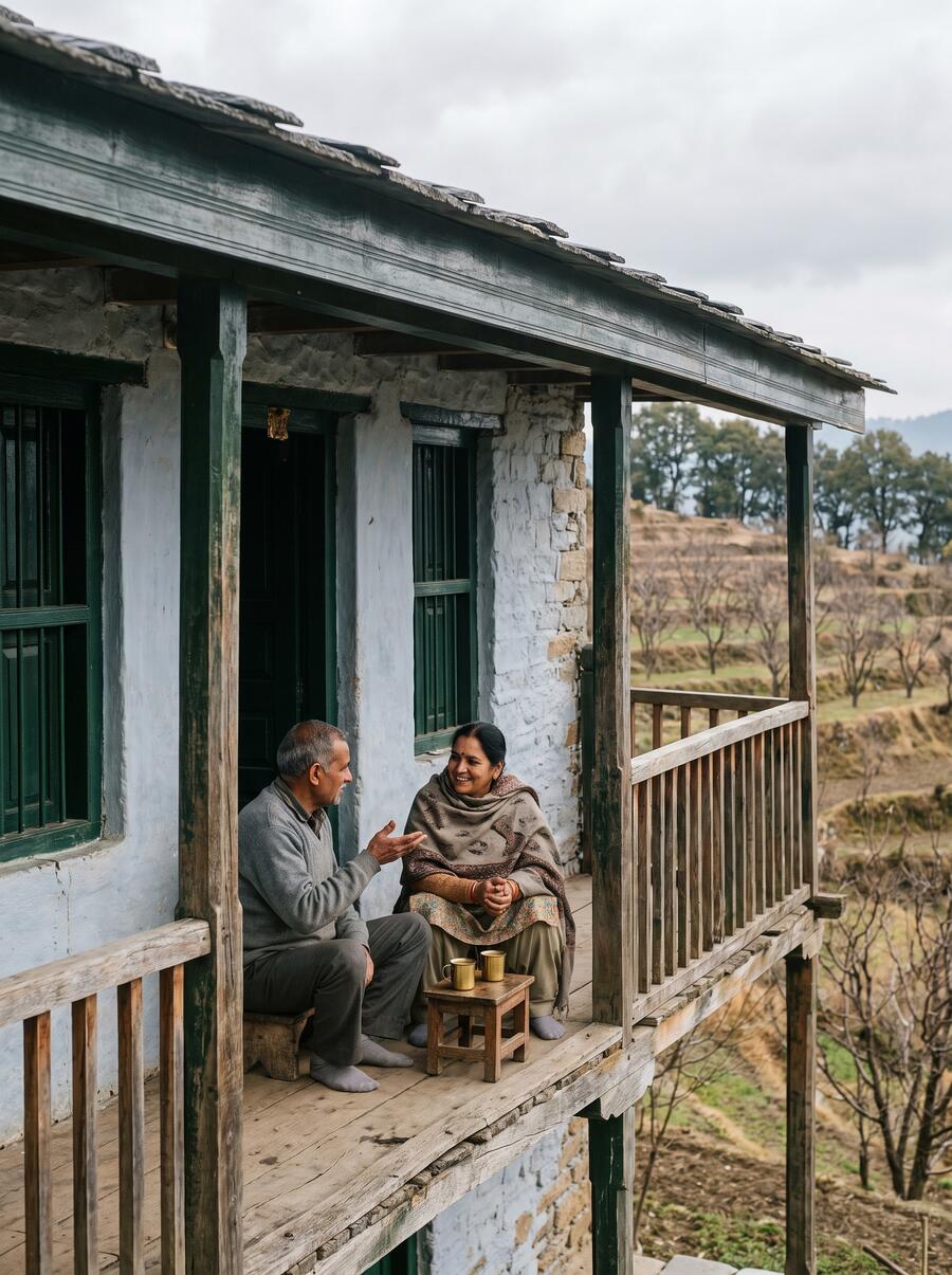 Meera and Girish Pant sitting on the wooden veranda of their house in the morning