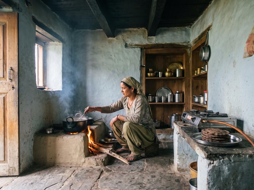 Nandini cooking at the wood chulha in the homestay kitchen