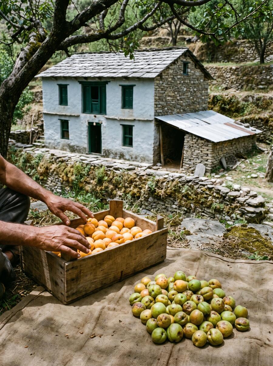 Apricots being sorted into crates under the trees in June