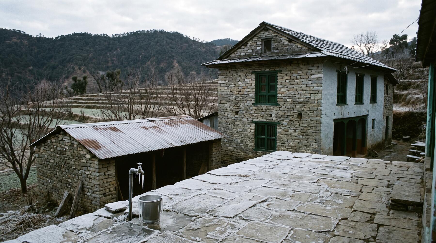 Frost on the flagstone yard and the byre wall on a January morning