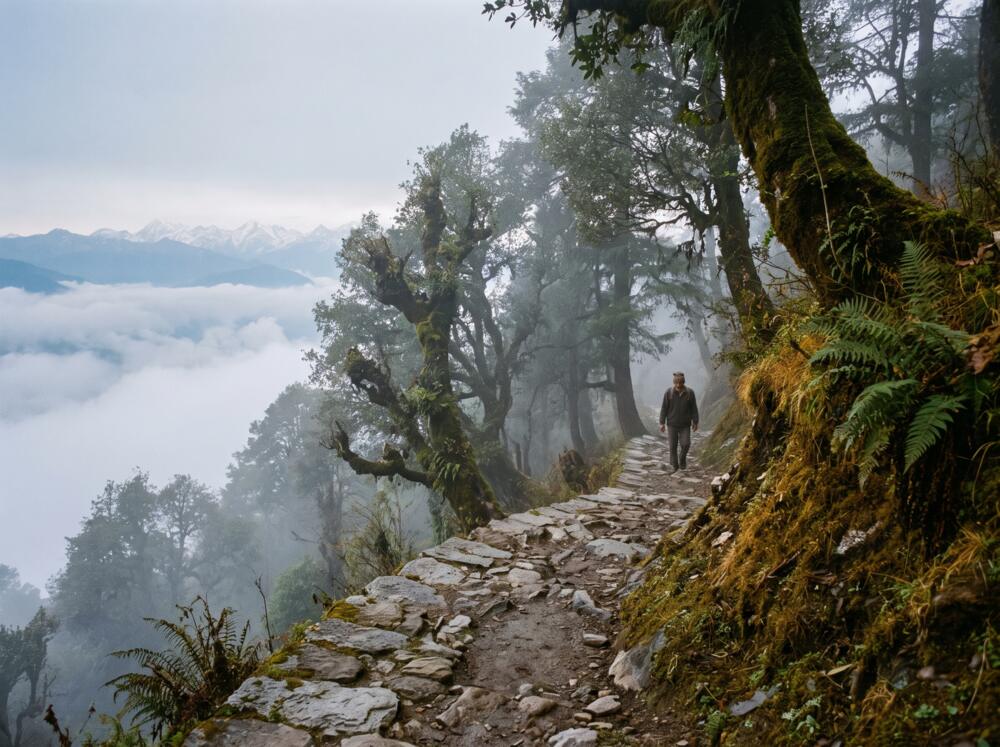 A narrow path along an oak ridge at first light, above cloud in the valley
